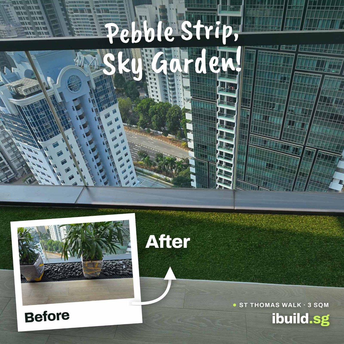Before and after artificial grass balcony transformation at St Thomas Walk, Singapore, 3 sqm