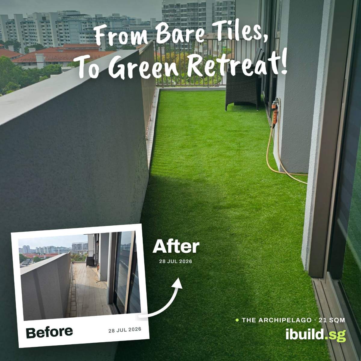 Before and after artificial grass balcony at The Archipelago, Bedok, Singapore