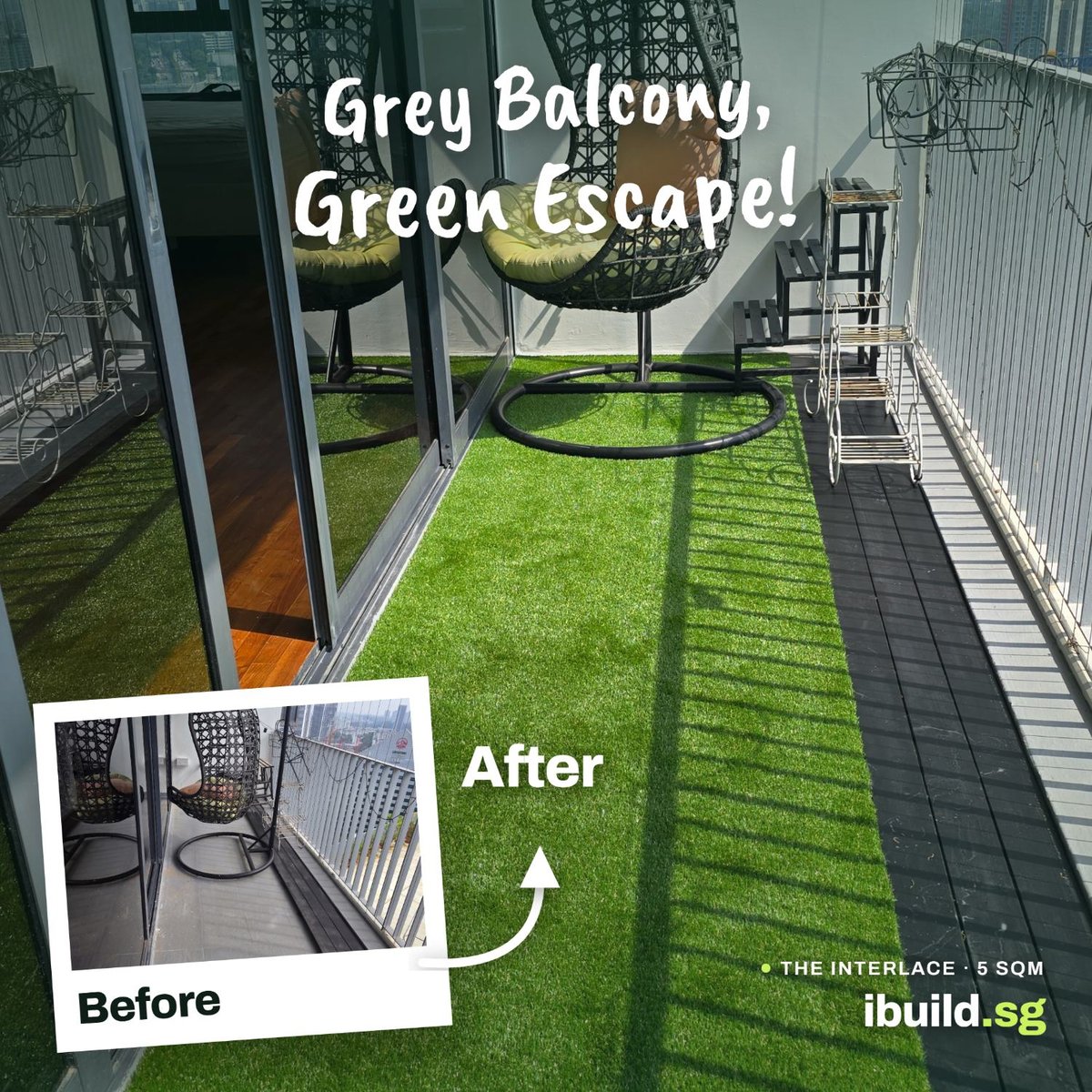 Before and after artificial grass balcony transformation at The Interlace, Singapore, 5 sqm