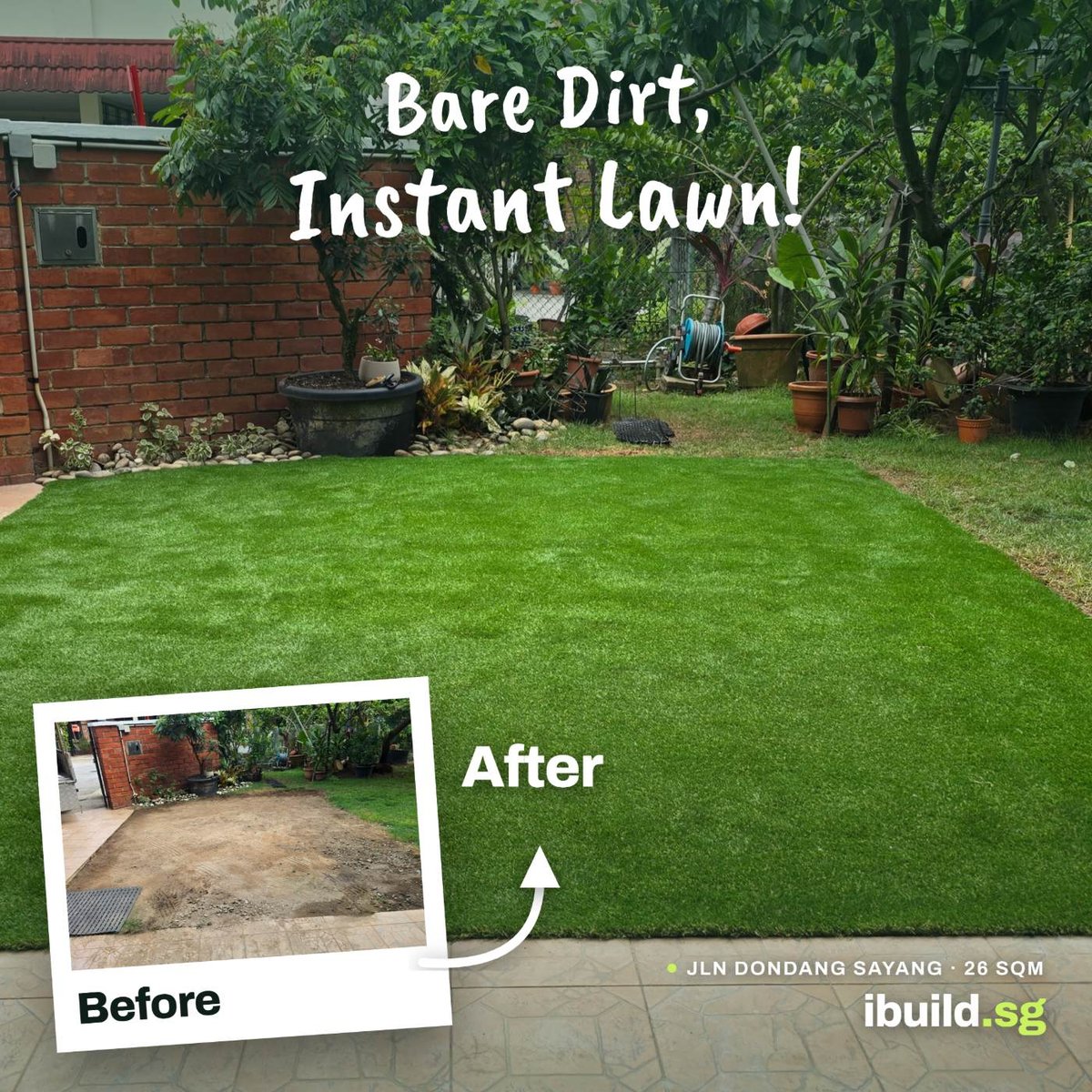 Before and after artificial grass for garden backyard lawn transformation at Jalan Dondang Sayang, Singapore, 26 sqm