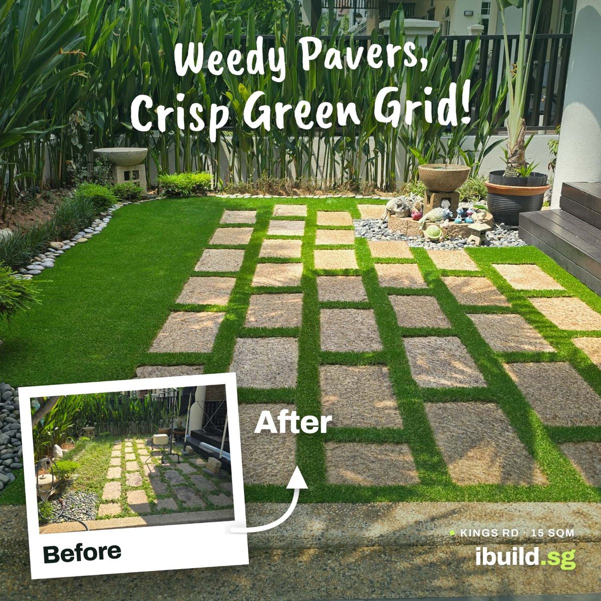 Before and after artificial grass garden lawn transformation at Kings Road, Singapore, 15 sqm