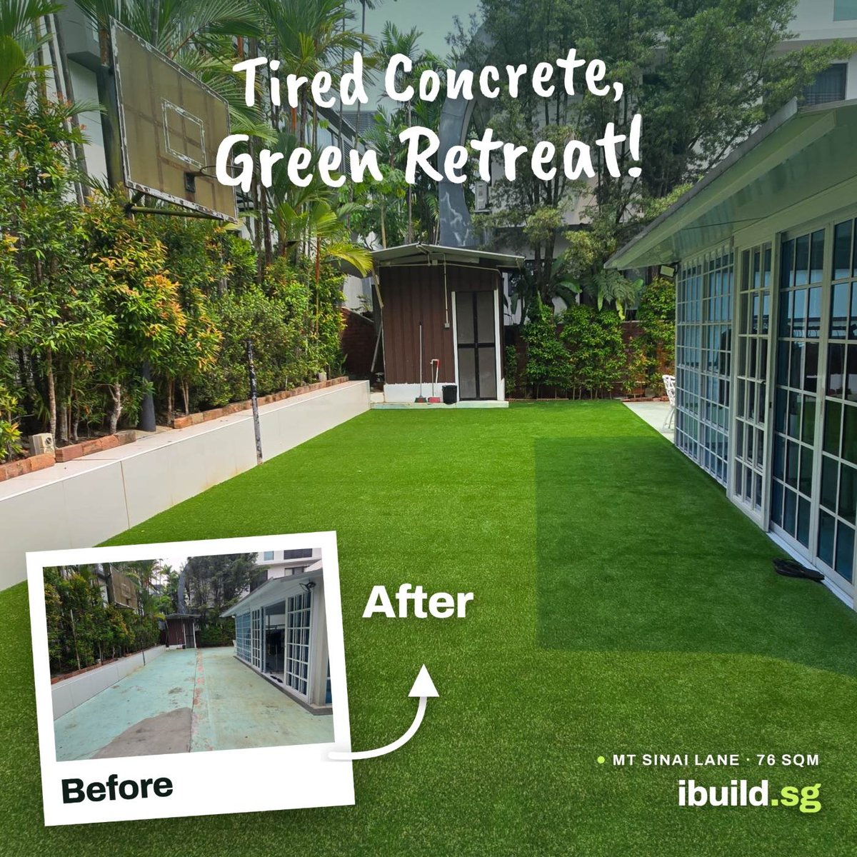 Before and after artificial grass for garden backyard lawn transformation at Mt Sinai Lane, Singapore, 76 sqm