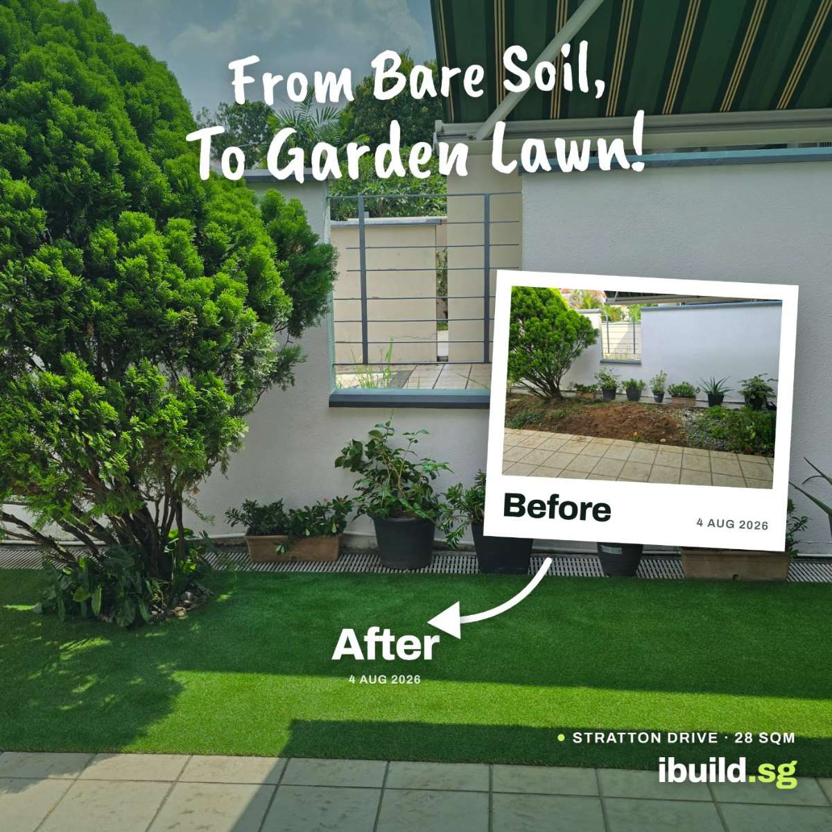 Before and after artificial grass garden lawn at Stratton Drive, Serangoon Gardens, Singapore, 28 sqm laid in August 2026