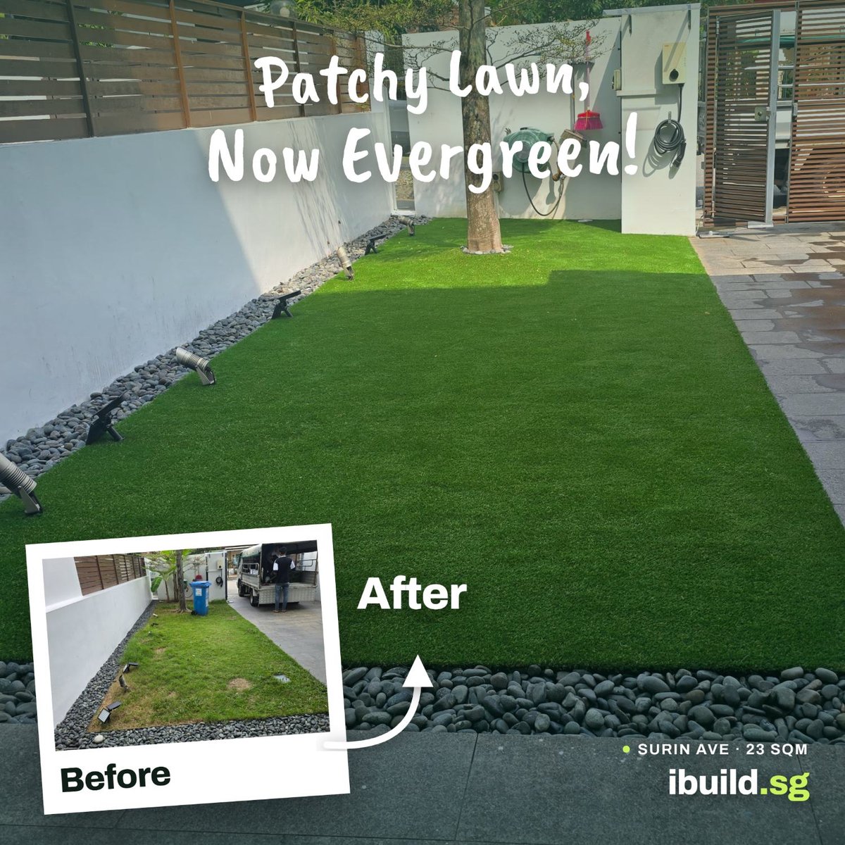 Before and after artificial grass garden lawn transformation at Surin Avenue, Singapore, 23 sqm