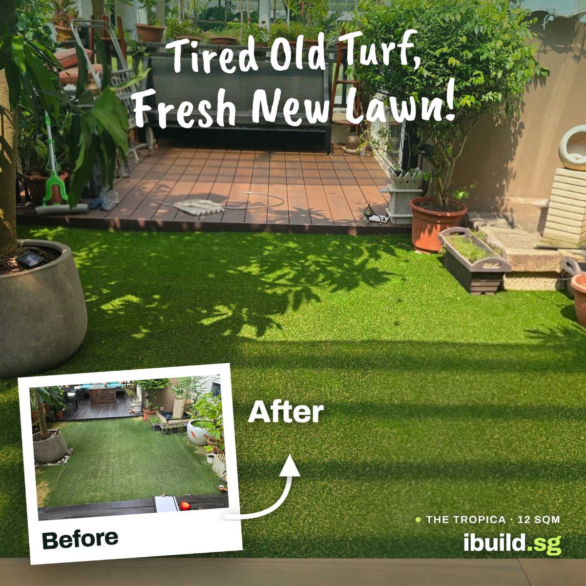 Before and after artificial grass garden lawn transformation at The Tropica, Singapore, 12 sqm