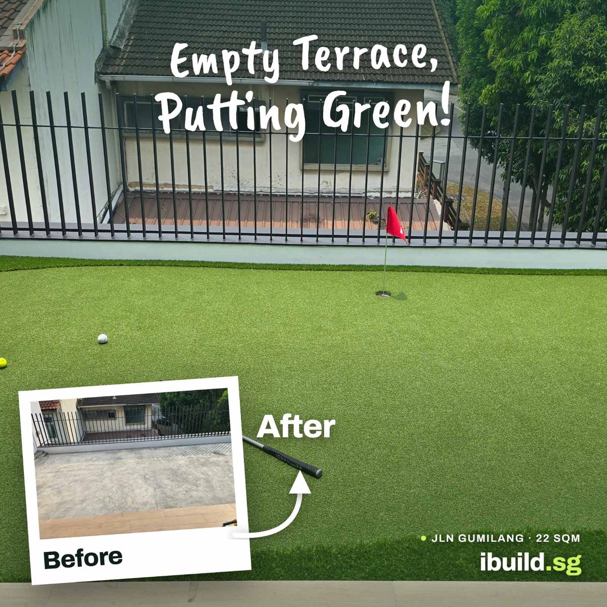 Before and after artificial grass putting green transformation at Jalan Gumilang, Singapore, 22 sqm