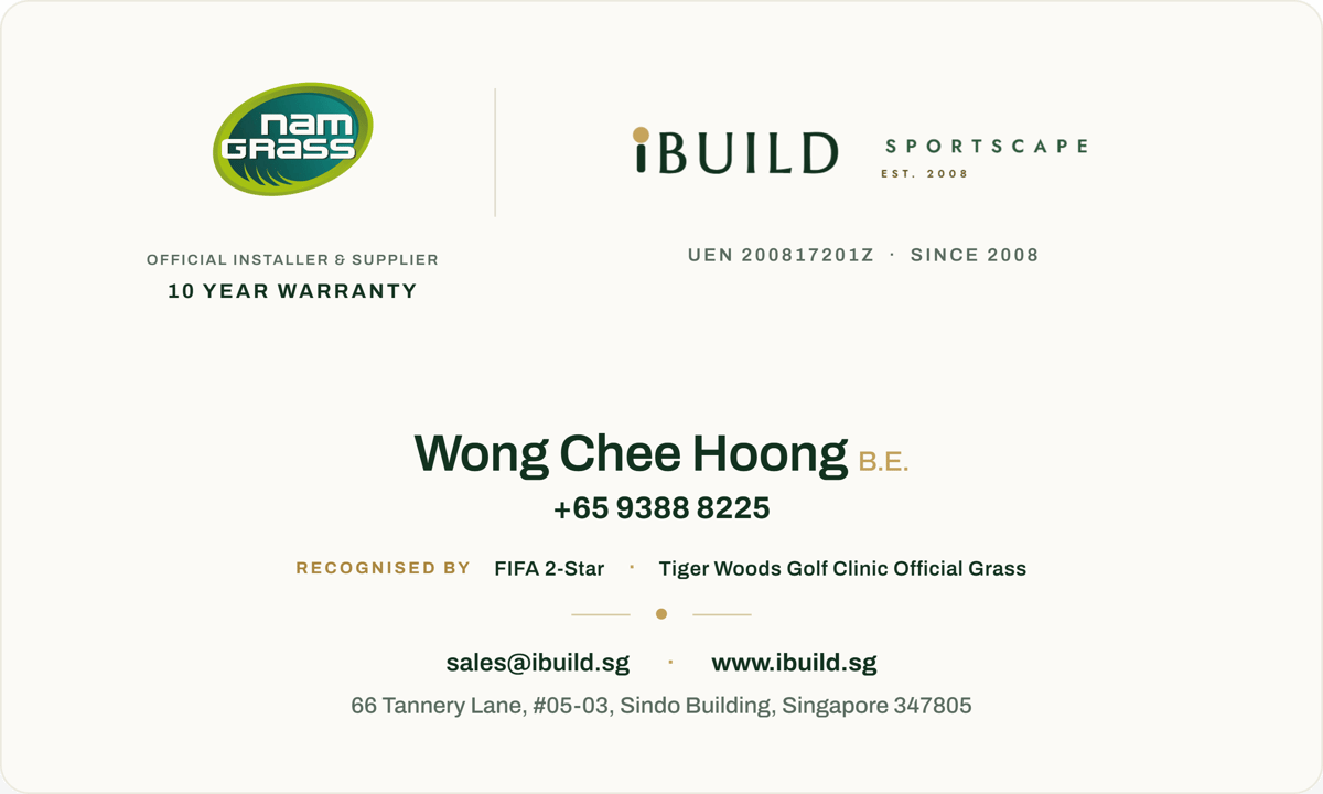 ibuild sportscape name card — Wong Chee Hoong B.E., +65 9388 8225, sales@ibuild.sg, 66 Tannery Lane #05-03, Sindo Building, Singapore 347805