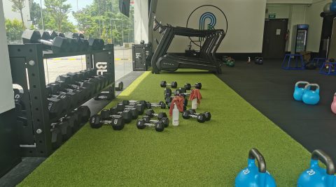 Artificial-grass gym sled track at BFT, Ang Mo Kio
