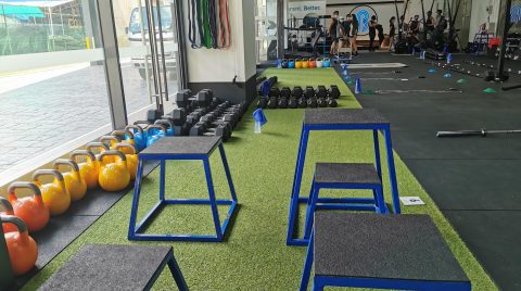 Artificial-grass training floor at BFT gym, Tai Seng