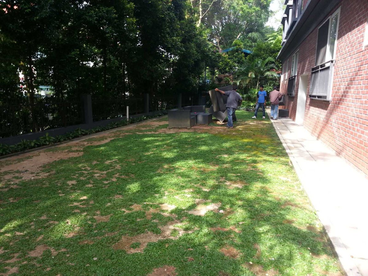Patchy, worn natural lawn with bare soil at St Martins Drive, Singapore, before artificial turf