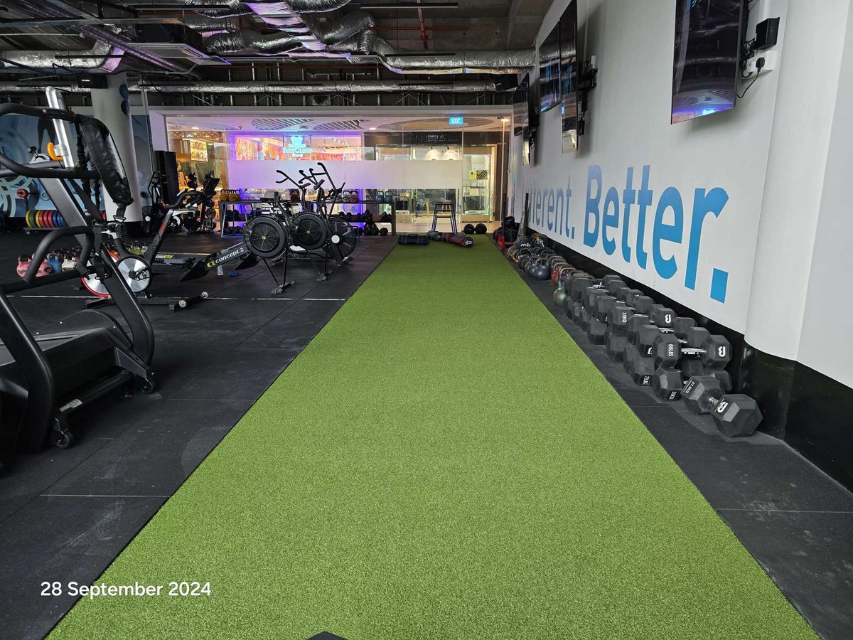 Artificial grass training lane running the length of the studio floor at BFT Harbourfront gym, Singapore
