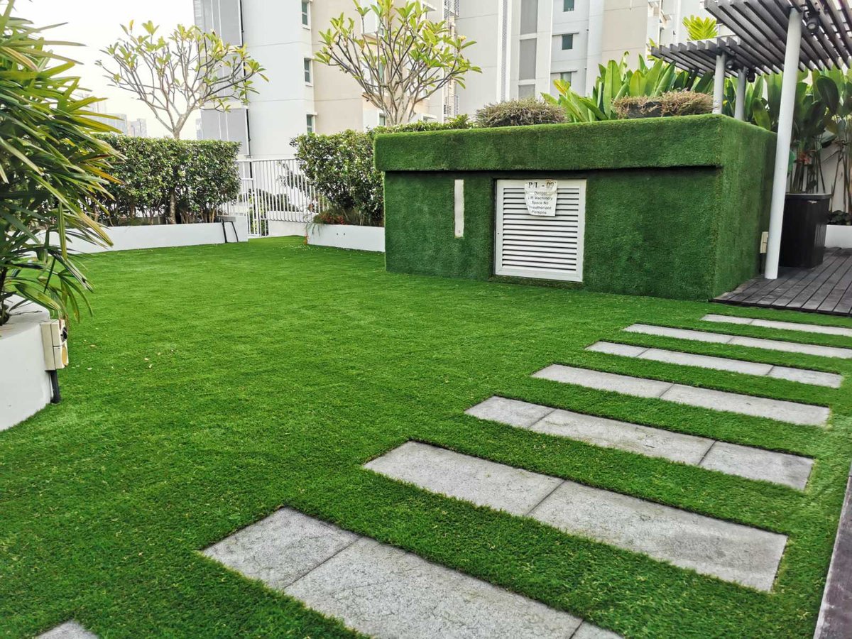 Artificial grass installation on a rooftop at Belle Vue Residences, Singapore