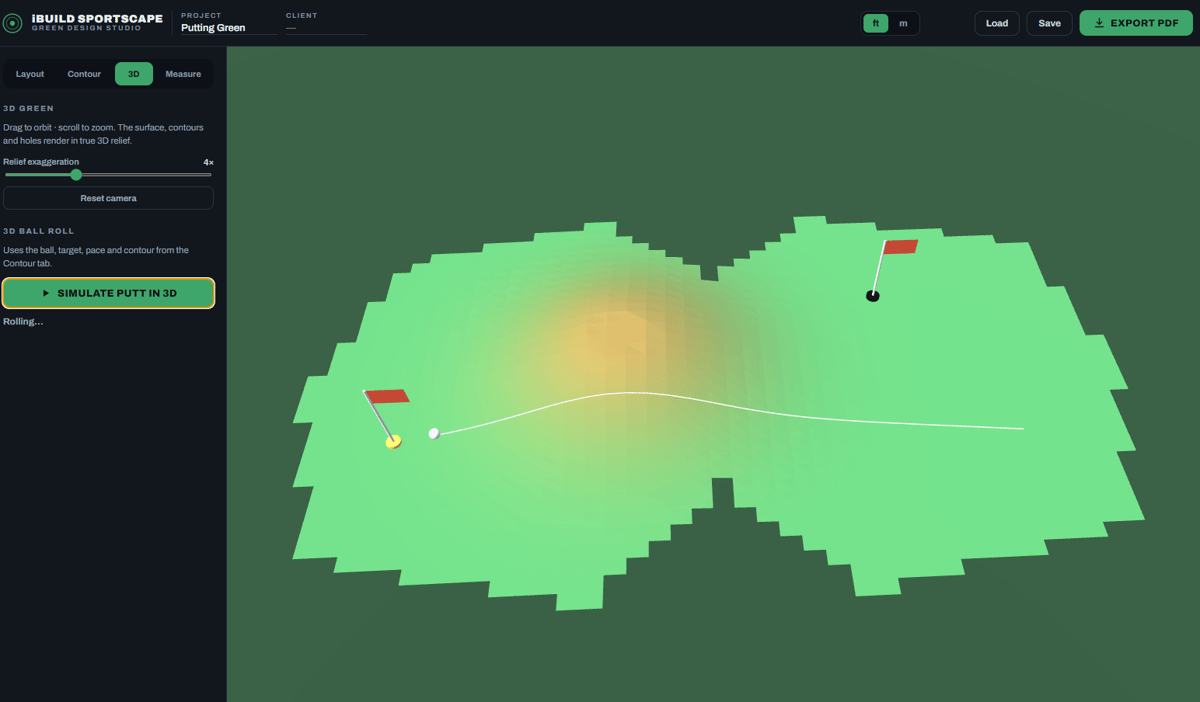 Putting green design software: viewing the green in 3D relief