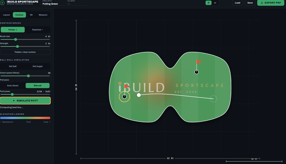 Putting green design software: shaping contours and simulating the ball roll trajectory