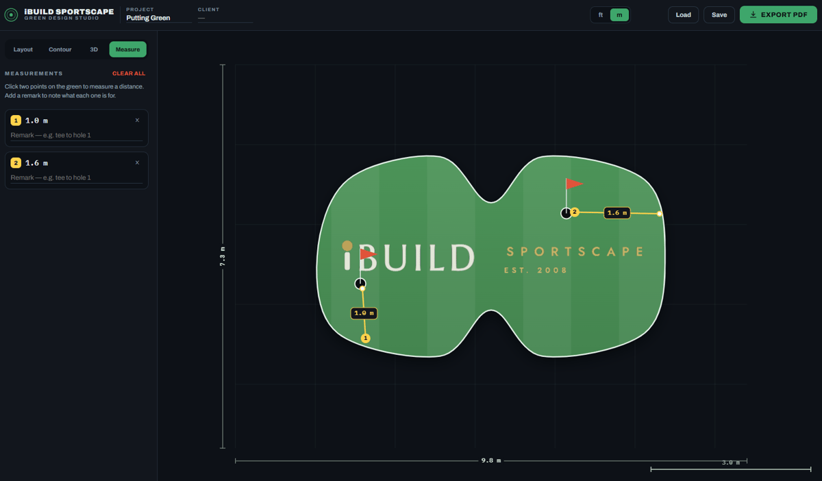 Putting green design software: measuring distances on the green in metres