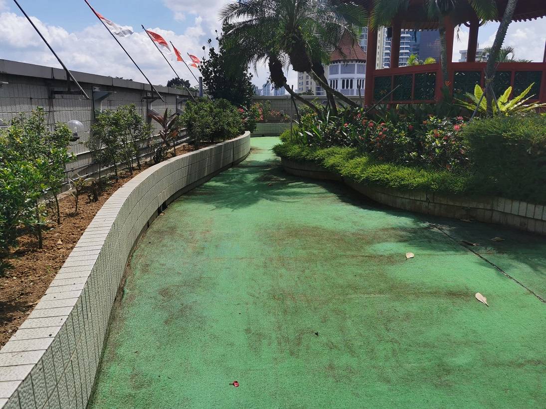 Cheap artificial grass worn flat, discoloured and mould-stained on a rooftop terrace