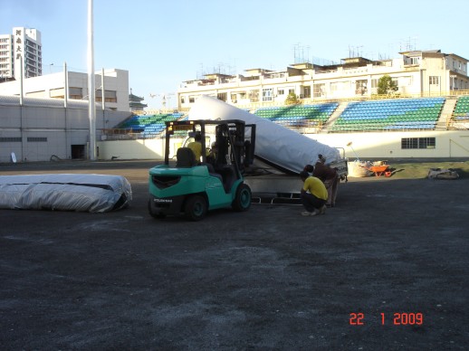 FIFA-grade turf rolls arriving by forklift at Jalan Besar Stadium, January 2009