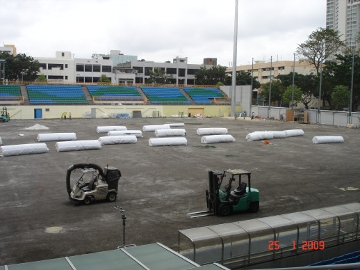 Turf rolls positioned across the field at Jalan Besar Stadium, January 2009